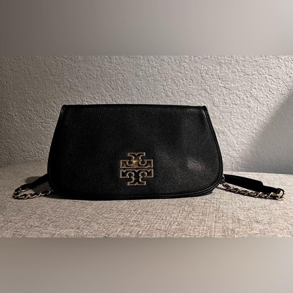 Tory Burch Britten Clutch Convertible Black Leather Cross Body Bag